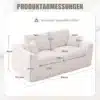 Beeži tooni kahekohaline diivan, pehme polstriga ja padjadega, mille ümber näha mõõtmed. Diivani taustaks on hele ja neutraalne sisekujundus, rõhutades selle vastupidavust ja elegantsust.