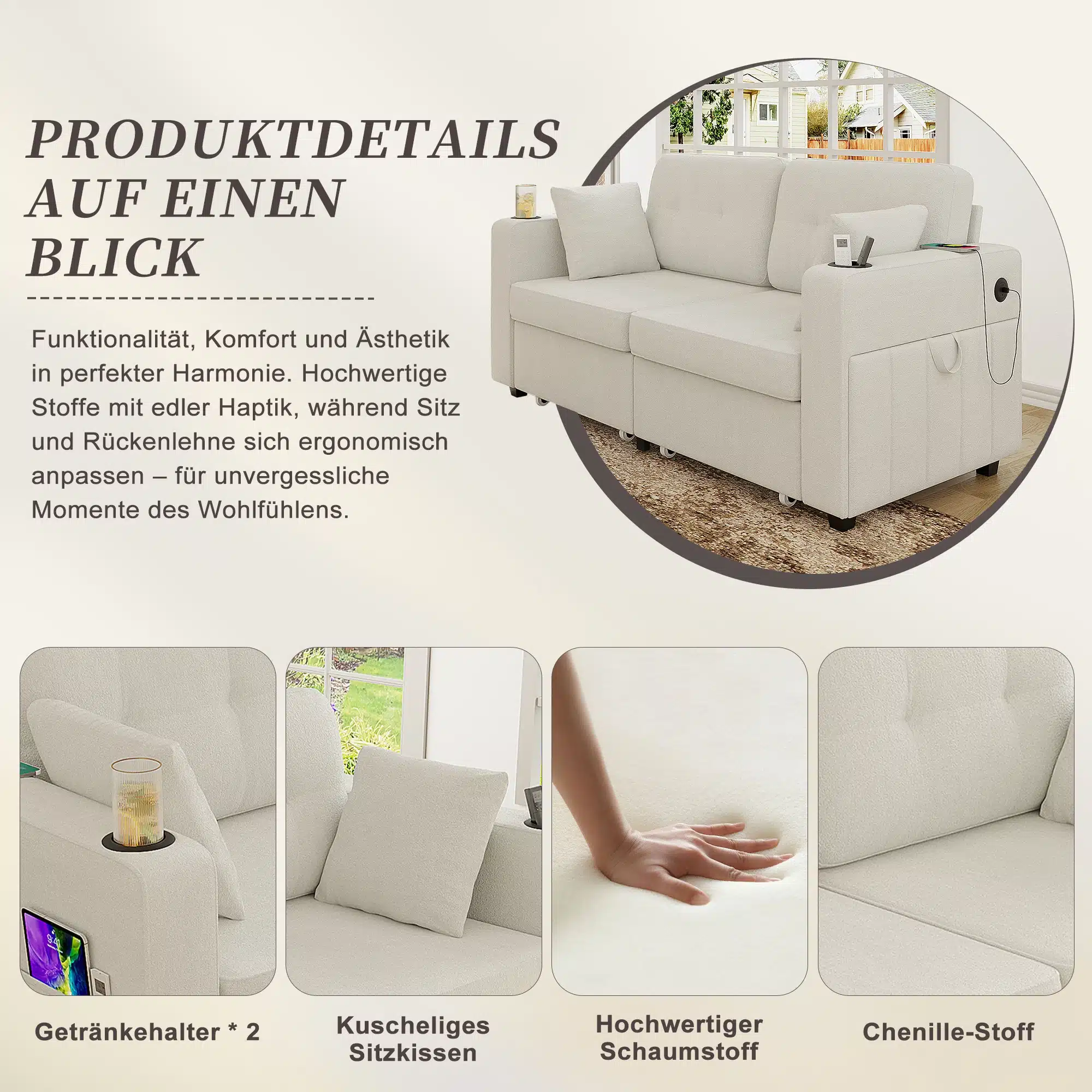 Helesinine mugav diivan koos kahe sahtli, laadija, joogitopsihoidja ja küljetaskutega heledal taustal. Diivani istmeid katab pehme chenille-kangas ja istmeid toetab ergonoomiline seljatugi. Käsitoed sisaldavad praktilisi hoiufunktsioone, sealhulgas laadija ja joogitopsihoidja.