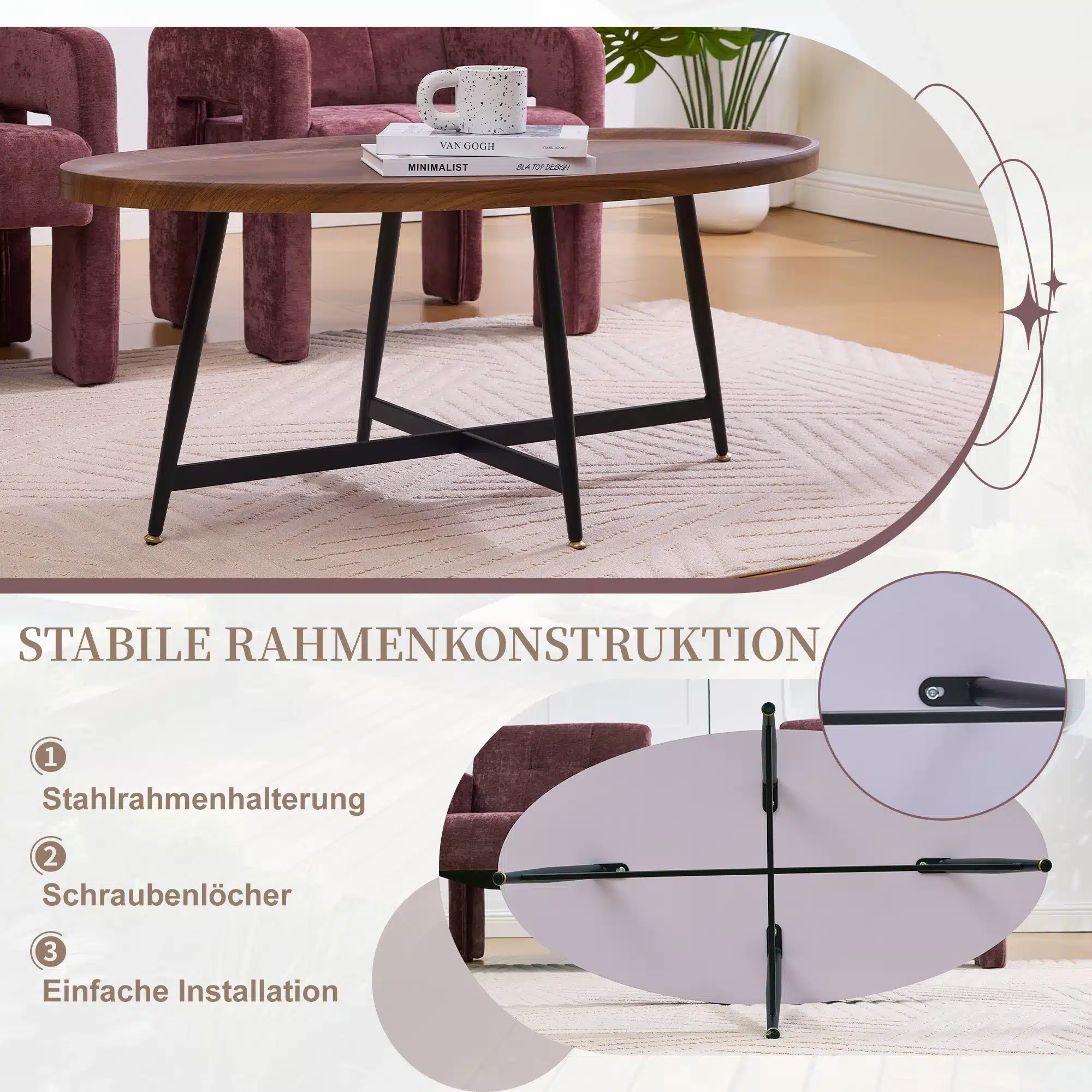 Ovaalne diivanilaud puidust ja metallraamiga nordic stiili, seisab pehmel vaibal elutoas taustal tumepunased toolid. Laud on valmistatud kvaliteetsest puidust ja toetub stiilsele mustale metallraamile, pakkudes modernset ja funktsionaalset lahendust igasse koju.
