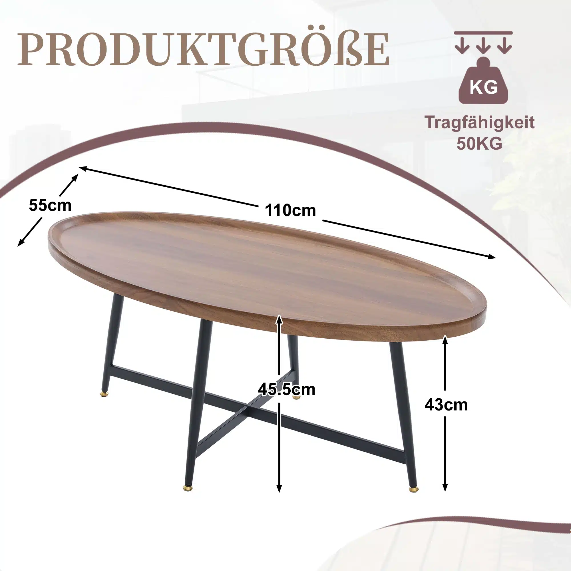 Ovaalne diivanilaud valmistatud elegantse puidust pinnaga, mille all on tugev must metallraam. Laua mõõtmed on 110 cm pikk, 55 cm lai ja 45.5 cm kõrge, sobides ideaalselt nordic stiilisse elutuppa. Taustal helge interjöör.