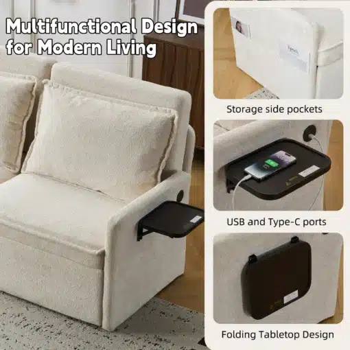 Beež diivanvoodi USB-laadijaga ja reguleeritav laud, lisatud küljetaskud ja USB-tüüpi C-port. Pehme kangas ja kaasaegne disain, ideaalseks lisandiks elutuppa.