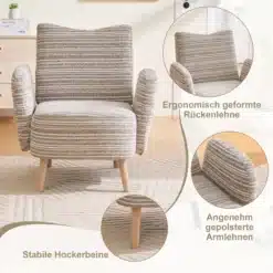 Mugav ja stiilne tugitool küljetaskuga, millel on triibulise kangaga kaetud polsterdus ning tugevad puitjalad. Tooli ergonoomiliselt kujundatud seljatugi ja pehmed käetoed tagavad maksimaalse mugavuse. Taustal neutraalses toonis elutuba kapi ja taimede dekoreerimisega.