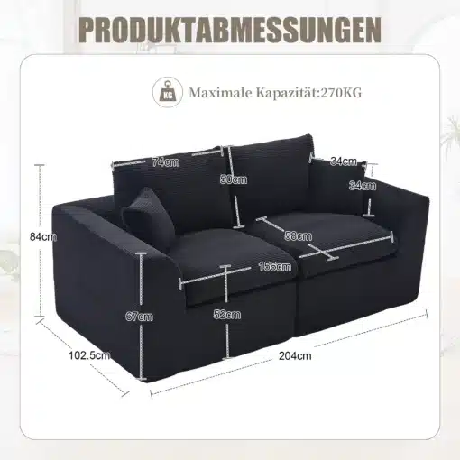 2 tugitooli või kahekohaline diivan patjadega, | E-pood Tootemaailm Tumehall kahekohaline diivan patjadega, millele on märgitud mõõdud: 204cm pikk, 84cm kõrge ja 102.5cm sügav. Diivan sobib hästi avarasse elutuppa, pakkudes mugavat istumiskohta kahele inimesele. Toodetud kvaliteetsest kangast, vastupidav igapäevaseks kasutamiseks.