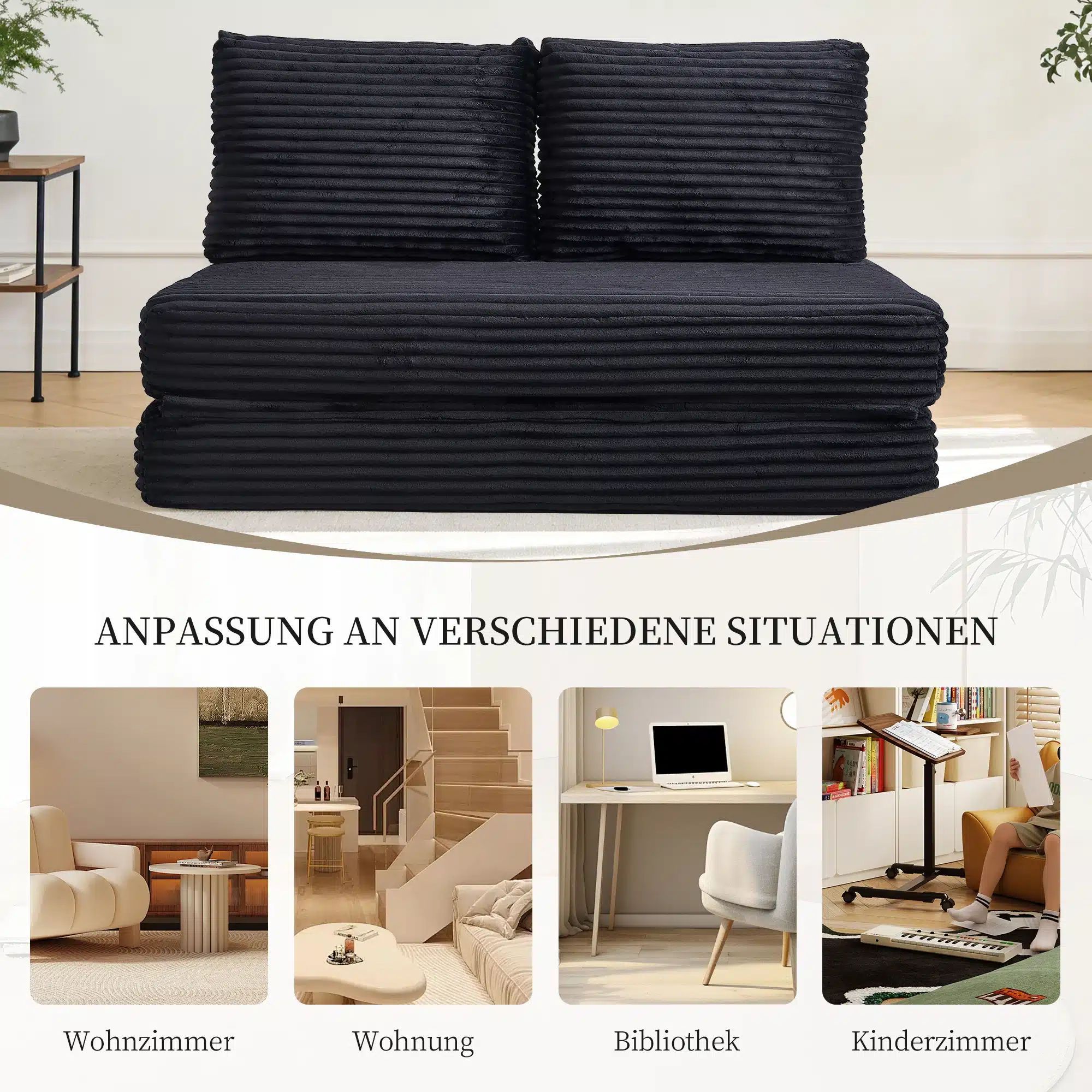 Must mugav diivanvoodi, kokkupandav väikestele ruumidele. Diivan on esiplaanil minimalistlikus elutoas. Kaasaegne ja praktiline disain.