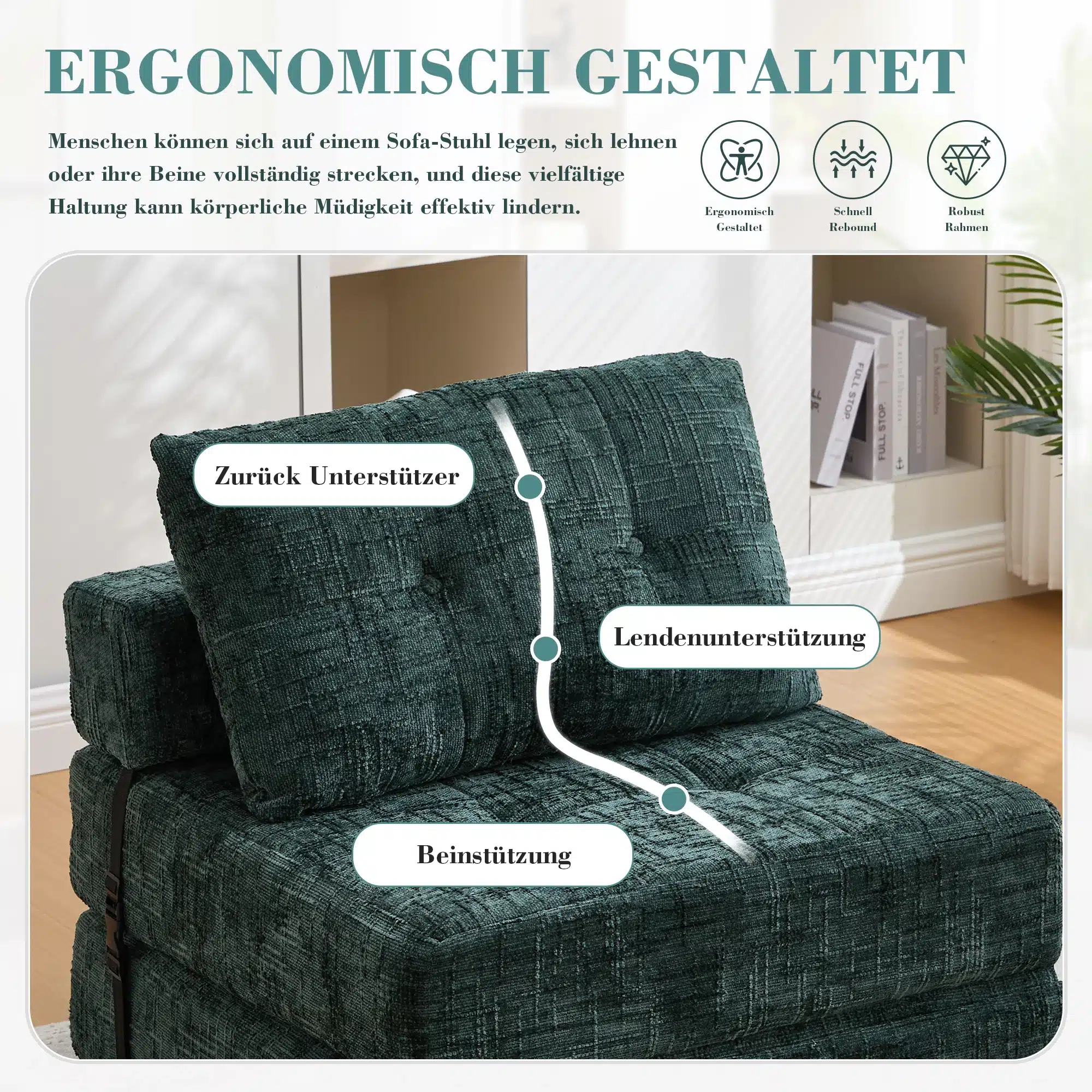 Volditav ühekohaline diivanvoodi chenille padjaga roheline kangas, mis asub valgusküllases elutoas raamaturiiuli kõrval, esitades ergonoomilise tugisüsteemi.