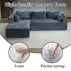 Tumehall, ribbed kanga ja kõrge tihedusega memory foam'iga muuduldiivan-voodi valgusküllases elutoas, kus on näha ka taskuvedrudest innerstruktuur.