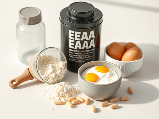 Aminohapped: EAA, BCAA ja proteiin lahti seletatud | E-pood Tootemaailm Aminohapete, EAA, BCAA ja proteiini võrdlust kujutav tervisetoolile sobiv illustratsioon