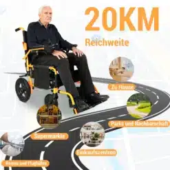Mees istub elektrilises kokkupandavas ratastoolis, millel on must ja oranž disain. Taustal kaardimuster ja tekst 20km seeriateenuse kohta, esile tõstetud kohad, kuhu tooliga pääseb.