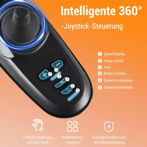 Elektriline kokkupandav ratastool, 24 km ulatus | E-pood Tootemaailm Elektrilise kokkupandava ratastooli 13Ah, 24km, 150kg, 500W juhtkang koos kiiruse, aku ja jõu juhtimise nuppudega modernsel oranžil taustal.