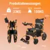 Elektriline kokkupandav ratastool 13Ah, 24km, 150kg, 500W musta istekoha ja oranži raamiga, millel on suurused ja kaal näidatud; taust on oranz.