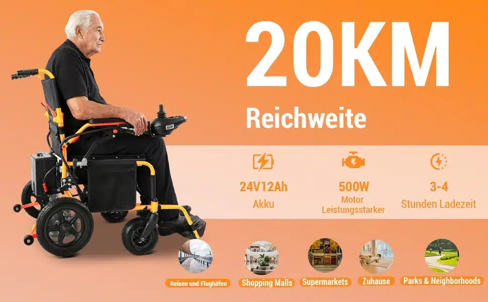 Kogenud mees istub oranži ja musta värvi elektrilises kokkupandavas ratastoolis, mille ulatus on kuni 24 km. Taustal on suur tekst, mis rõhutab ratastooli ulatust ja tehnilisi andmeid.