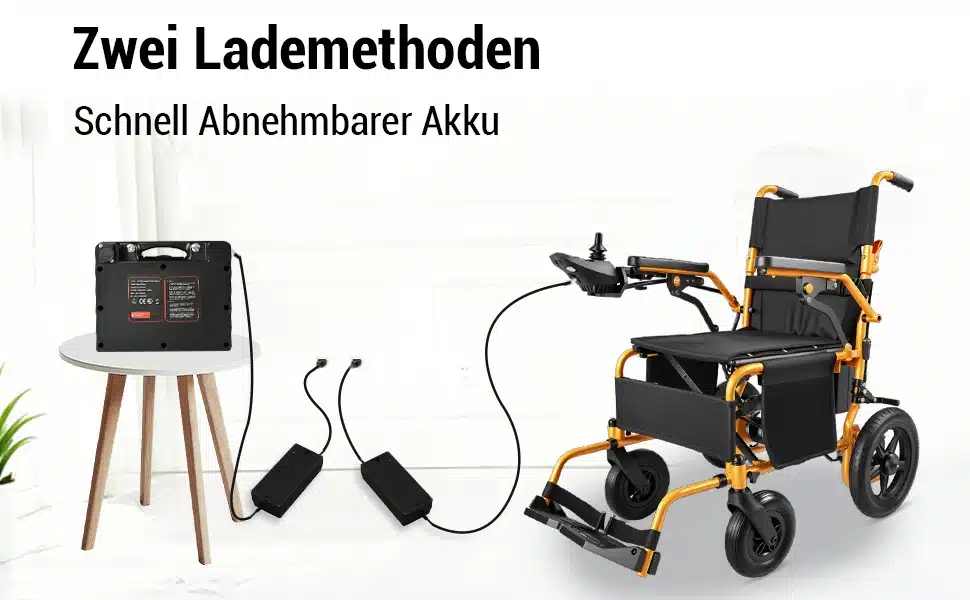 Elektriline kokkupandav ratastool, 24 km ulatus, musta ja kuldse raamiga, ühendatud laadimisjaamaga valgel laual.