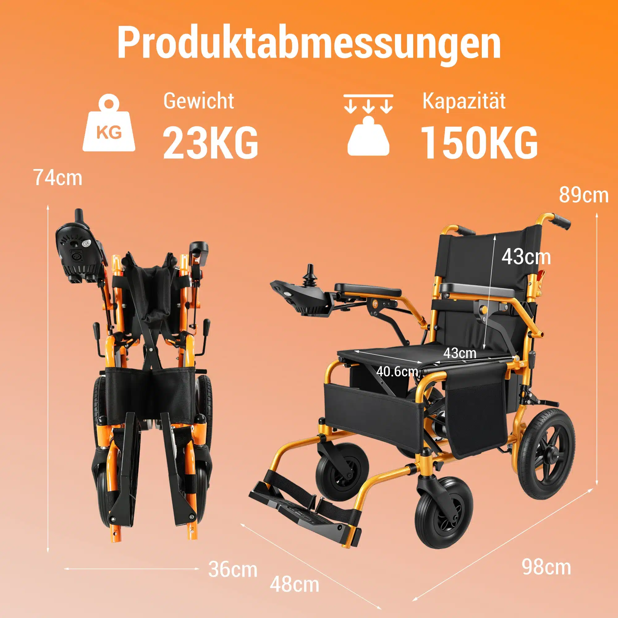 Elektriline kokkupandav ratastool musta ja oranži raamiga, mille mõõtmed on 98cm pikk, 89cm kõrge ja 48cm lai, mis tagab 24 km ulatuse. Taustal on oranž värv ja näidatud ratastooli kaal ja kandevõime.