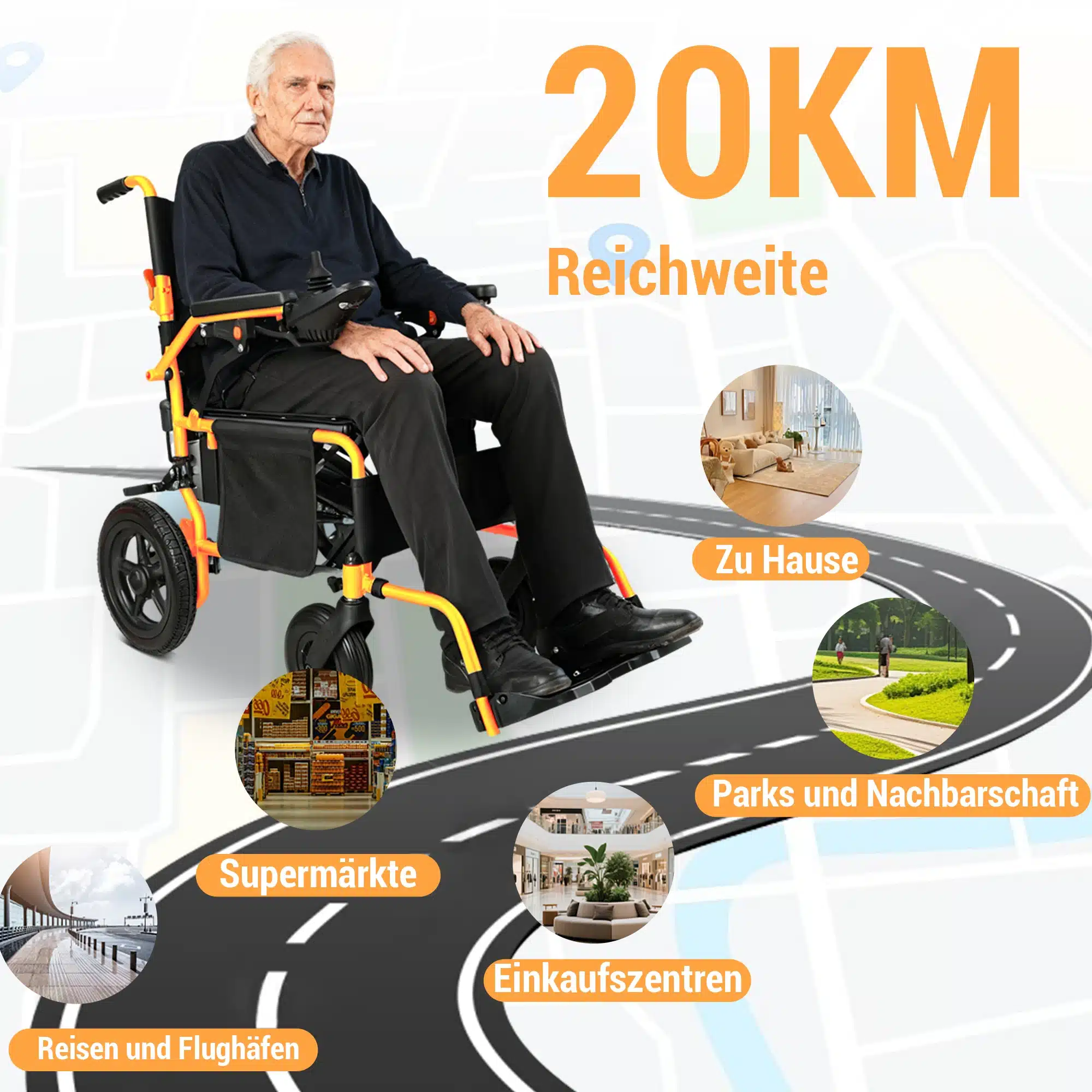 Vanem mees istub elektrilisel kokkupandaval ratastoolil, mille ulatus on 24 km. Ratastool on must ja oranž, seda ümbritsevad graafilised ikoonid paigutuse ja ulatuslike manööverdamisvõimalustega, näiteks kodu, pargid ja supermarketid, valgel taustal.