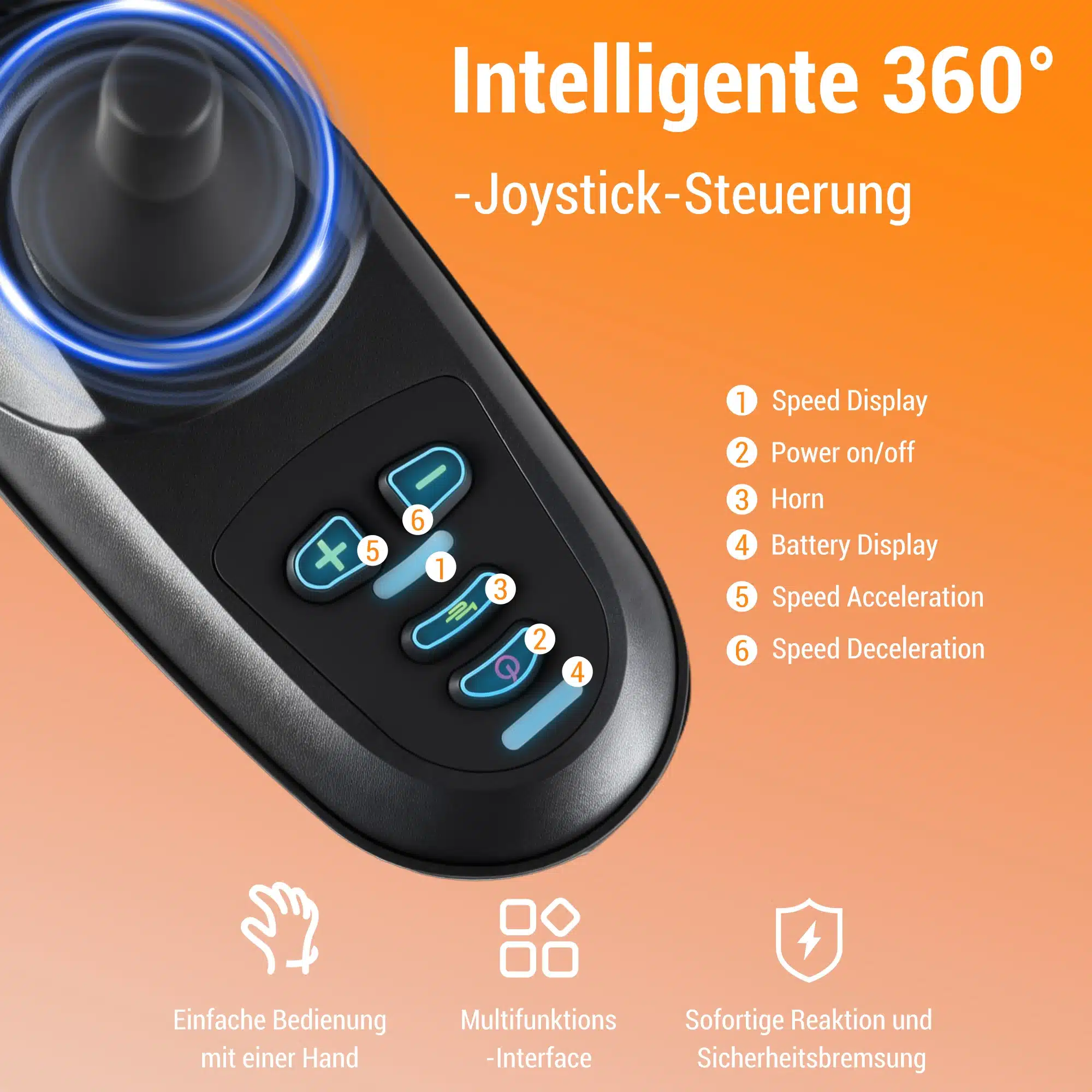 Elektriline kokkupandav ratastool, 24 km ulatus. Pildil on musta värvi joystick juhtseade oranžil taustal, koos erinevate funktsiooniindikaatorite ja -nuppudega. Näha on kiiruse ja aku seisundi kuvamise nupud.