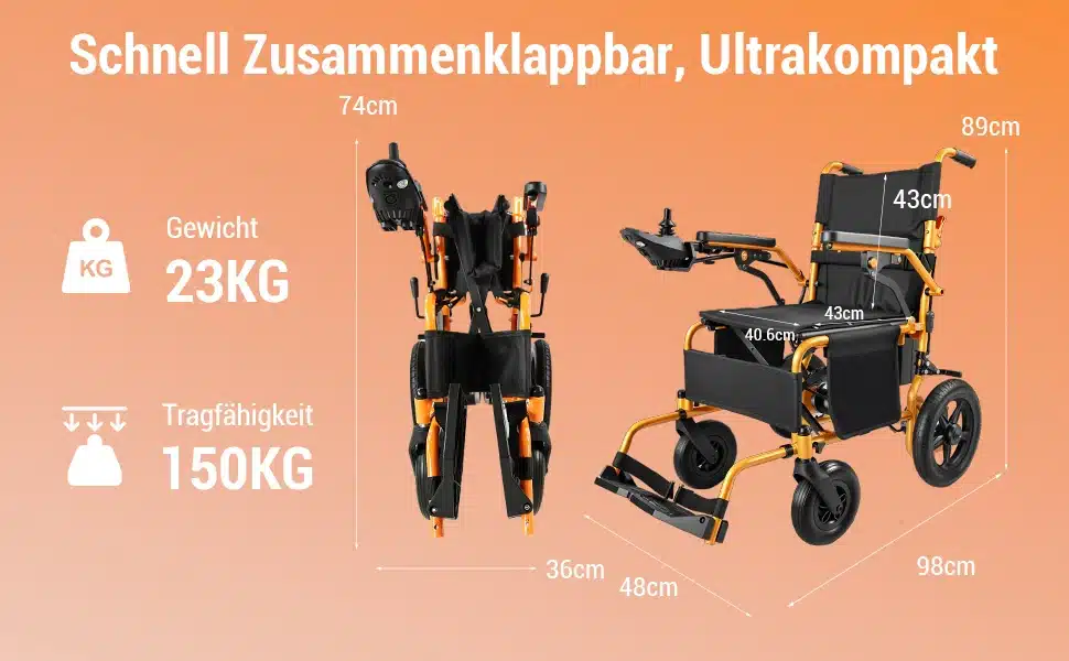 Elektriline kokkupandav ratastool, 24 km ulatus - must ja oranž seade, näidatud kokkupanduna ja avatuna, rõhud mõõtmetele ja kaalule. Taust on oranž gradient tekstiga, mis rõhutab kompaktsust ja stabiilsust.