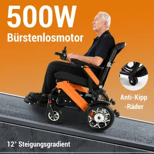 Kokkupandav võimas elektriline ratastool | E-pood Tootemaailm Elektriline ratastool 48 km, eemaldatav aku, kuni 150 kg, oranž ja must disain, toetaval alusel kaldu asendis ning vanem mees ratastoolis, näha 500W harjadeta mootor, anti-kallutus rattad ja 12° kaldegradient.