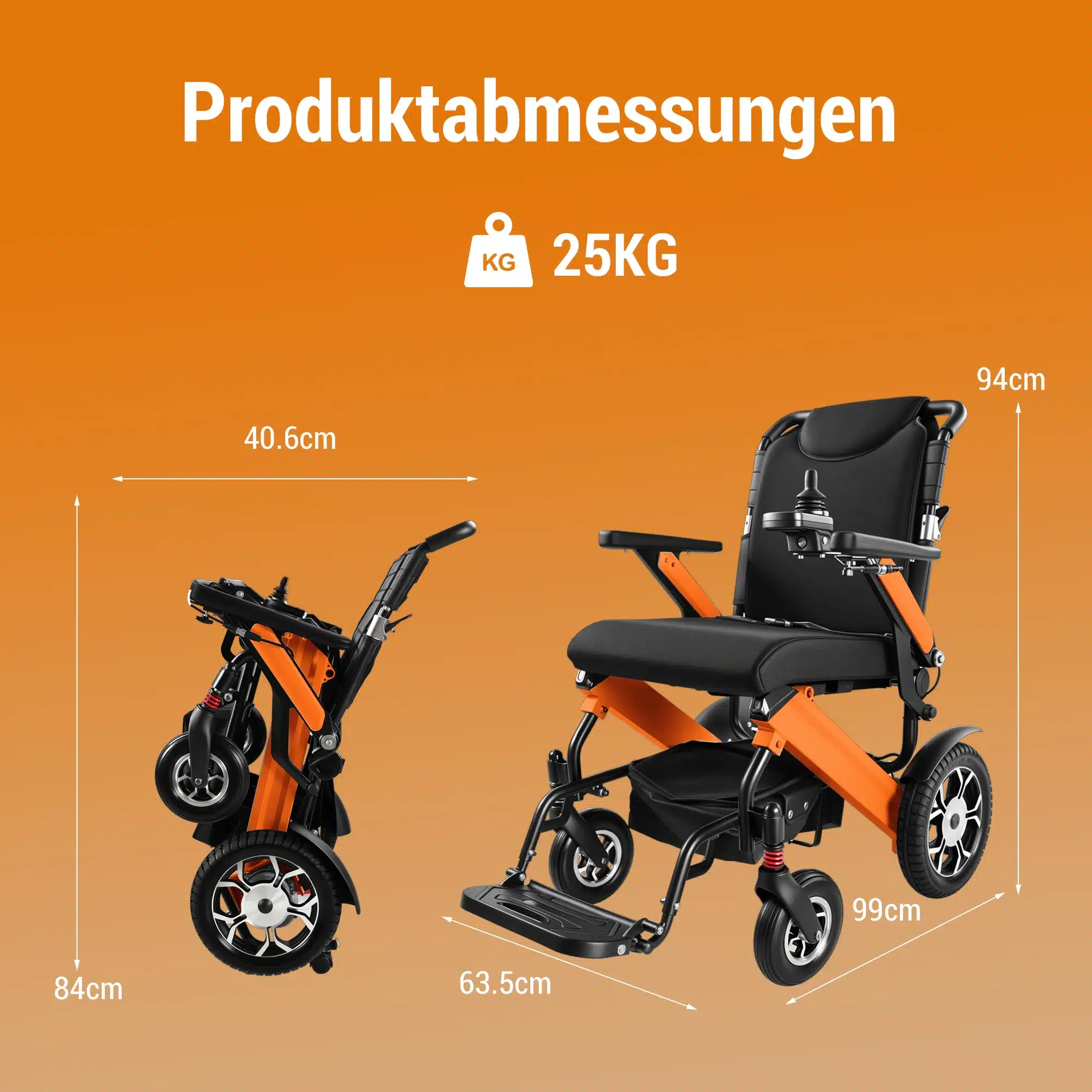 Kokkupandav võimas elektriline ratastool, oranž ja must värv, kerge ja kompaktne disain koos mõõtmiste 94cm x 99cm x 63.5cm, esile toodud oranžil taustal.