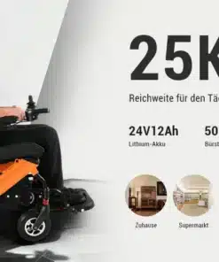Vanem mees istub oranži ja musta värvi kokkupandaval võimas elektrilisel ratastoolil, millel on suur esirataste süsteem. Taustal on heledast materjalist sein, ratastooli kõrval on spetsifikatsioonid nagu 25 km sõiduulatus ja 24V12Ah aku.