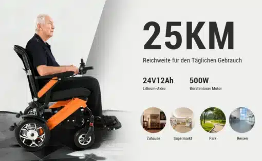 Kokkupandav võimas elektriline ratastool | E-pood Tootemaailm Vanem mees istub oranži ja musta värvi kokkupandaval võimas elektrilisel ratastoolil, millel on suur esirataste süsteem. Taustal on heledast materjalist sein, ratastooli kõrval on spetsifikatsioonid nagu 25 km sõiduulatus ja 24V12Ah aku.