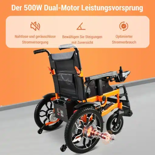 Elektriline ratastool kokkupandav 500W, 20km ulatus, 40cm rattad | E-pood Tootemaailm Elektriline ratastool kokkupandav 500W koos 40cm rataste ja ergonoomilise disainiga oranžil taustal, garanteerides sujuva ja vaikse liikumise 20km ulatuses.