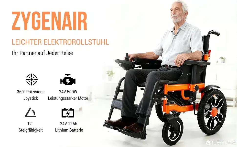 Eakas mees istub oranži ja musta värvi Elektrilisel ratastoolil kokkupandav 500W, millel on 20km ulatus ja 40cm rattad, valges ruumis.