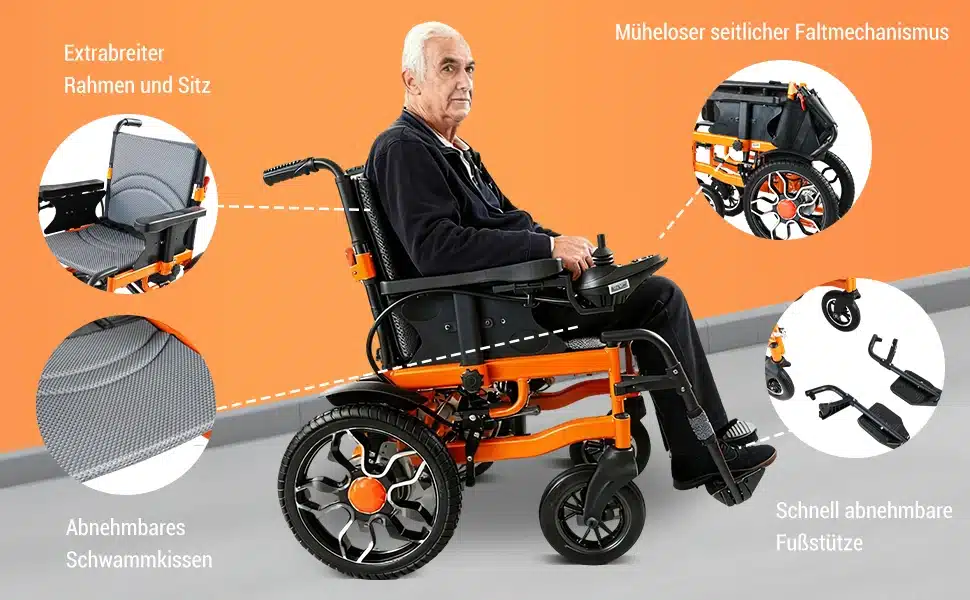 Mees istub oranžidel ja mustadel detailidel Elektrilisel ratastoolil kokkupandav 500W, 20km ulatus, 40cm rattad, millel on lai iste ja eemaldatavad jalatoed, hall taust.