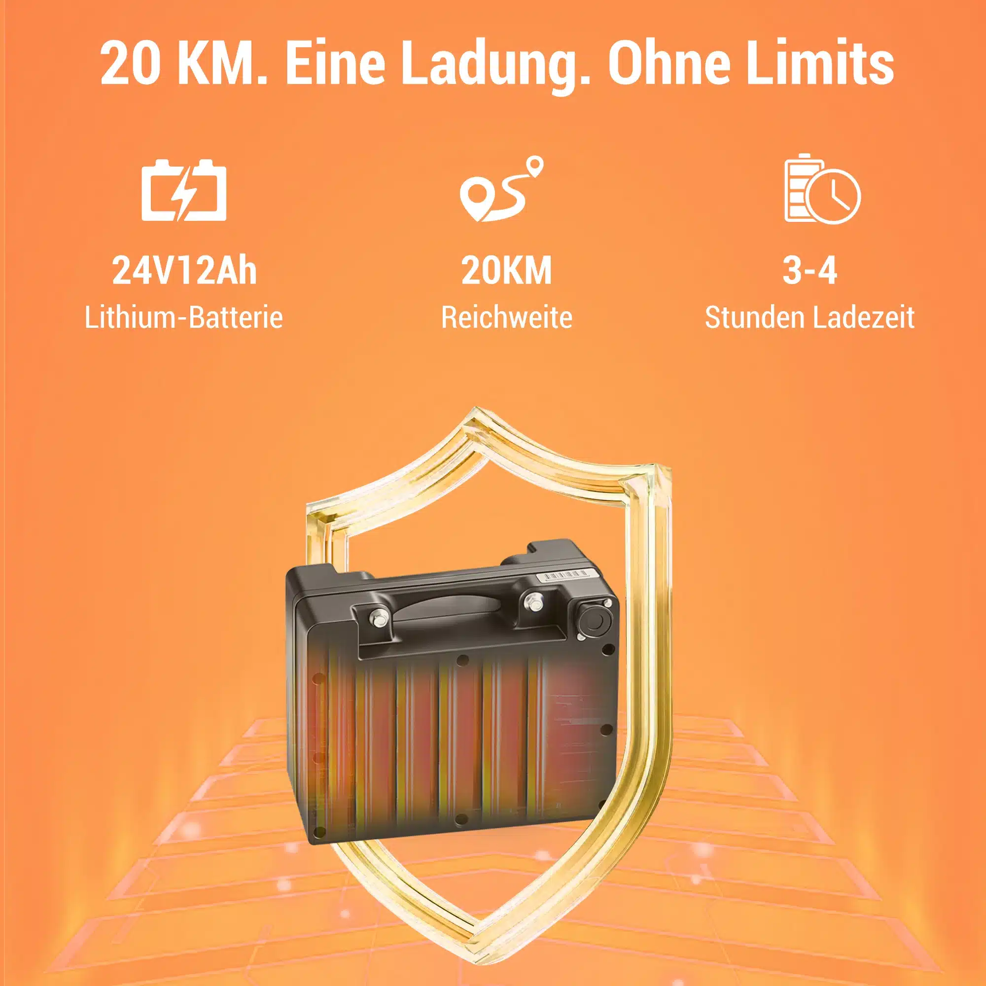 Elektrilise ratastooli 24V12Ah liitiumaku, mis lubab 20 km ulatust, esitatud oranžil taustal koos infoikoonidega.