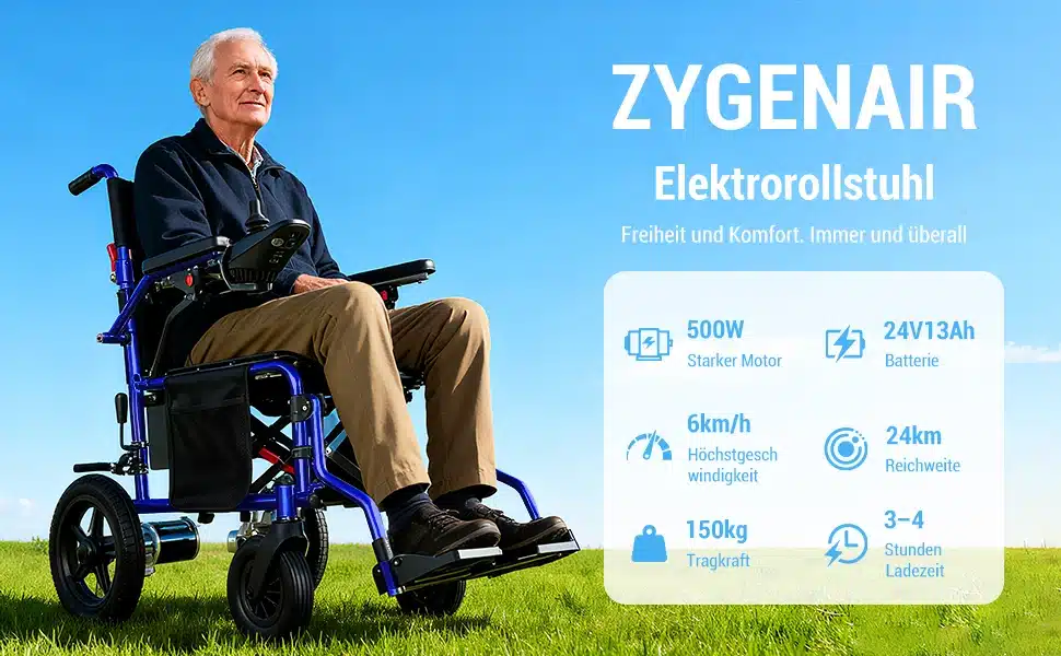 Vanem härrasmees istub sinisel elektrilisel ratastoolil rohelisel murul. Ratastool on kokkupandav ja sobib 24 km ulatuseks, kandes kuni 150 kg. Taustal paistab selge sinine taevas.