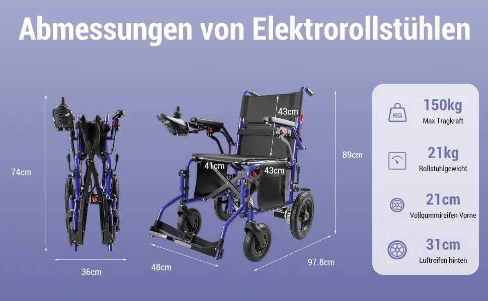 Elektriline ratastool kokkupandav sinise raamiga, 24 km ulatuse ja 150 kg kandevõimega, mõõtudega 89 cm kõrgus, 97.8 cm laius ja 41 cm istme sügavus, taustal on lilla graafika.