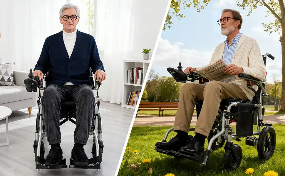 Kahepoolne pilt näitab erinevates keskkondades meest, kes istub elektrilises kokkupandavas ratastoolis. Sisevaates näeb elutuba heledate kardinate ja malmvärvi diivaniga, samas kui välivaate taustal on roheline muru ja pargipingid selge taeva all.