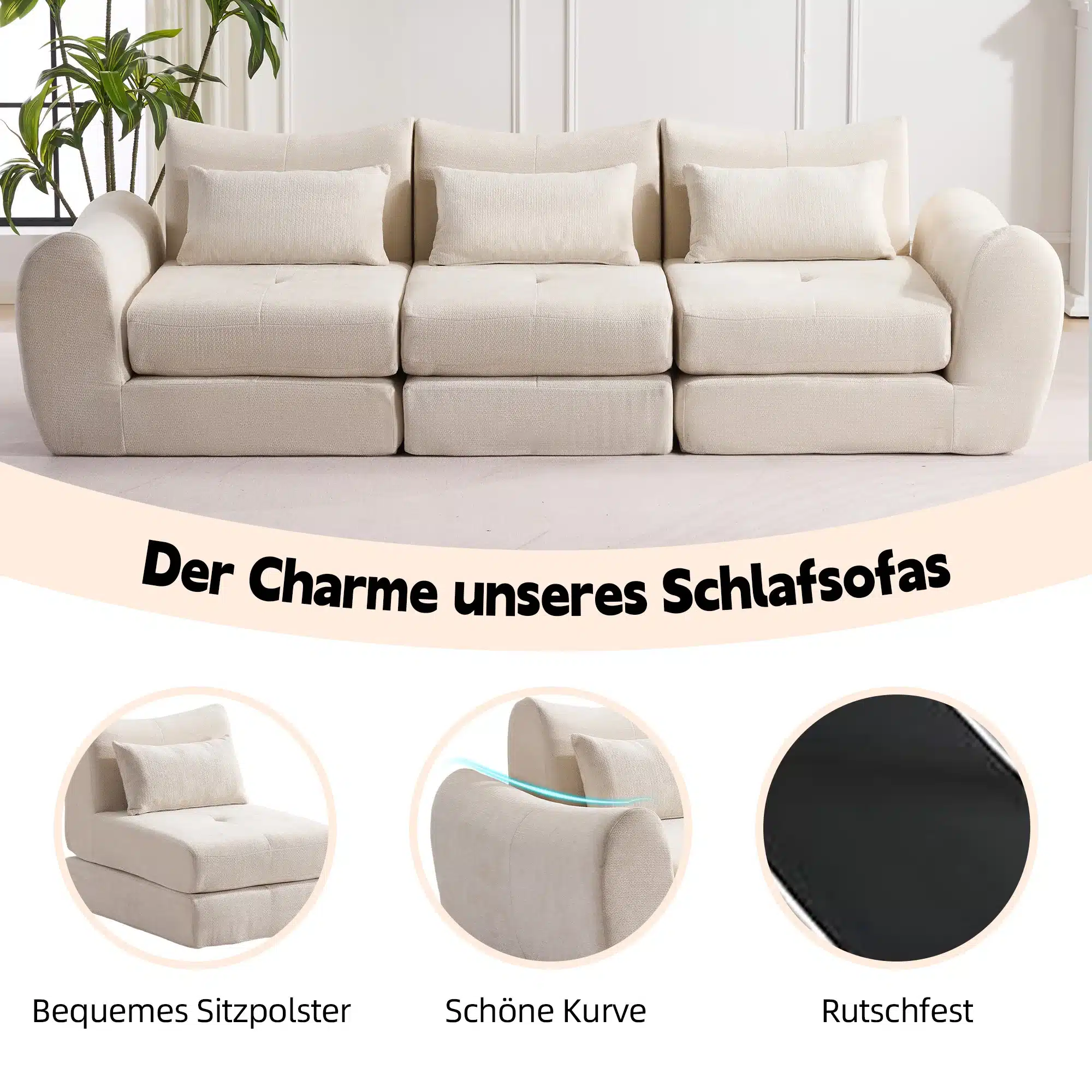 Kolmekohaline mooduldiivanvoodi chenillist elutuppa heledas toas, mille ümber on taimed ja minimalistlik sisustus, diivani kaarjad käetoed lisavad elegantsi.