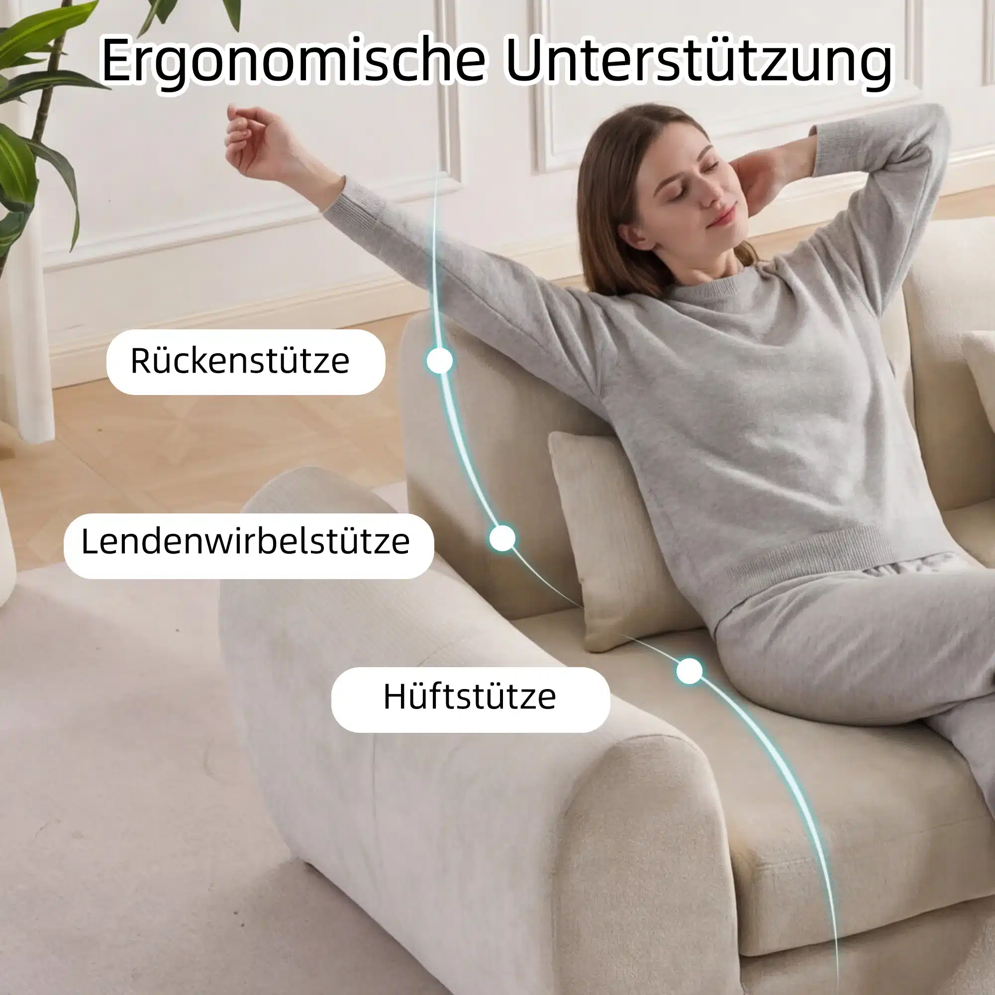 Naine istub chenillist kolmekohalisel mooduldiivanvoodil elutoas, nautides ergonoomilisi seljatoe ja nimmetoe omadusi. Hele beige diivan sulandub hubasesse, kaasaegsesse interjööri.
