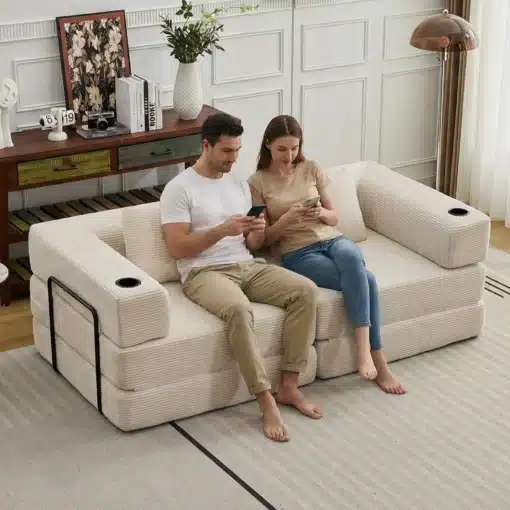 Diivanvoodi kahele, pehme samet, kokkupandav | E-pood Tootemaailm Kaks inimest istuvad mugavalt bežeeril pehmel sametist diivanvoodil kahele, mis on kokku pandud. Nad hoiavad käes telefonid, samas kui diivani taustal on stiilne valge elutuba dekoreeritud maalide ja taimede kaunistustega.