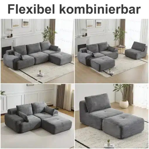 Moodul nurgadiivan sametist hall, 3-kohaline patjadega elutoas heledal vaibal, minimalistliku sisustuse ja naturaalse valgusega.