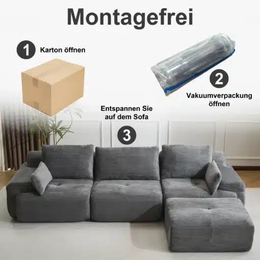 Hall sametist, 3-kohaline moodul nurgadiivan patjadega, millel on juhendid lihtsaks kokkupanekuks ja kaasasolevad kastid ning vaakumpakend. Taustal on heledate seinapaneelidega elutuba.
