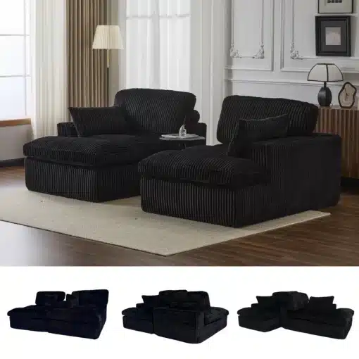 Ruumikas musta värvi moodul diivanvoodi elegantses elutoas, mille taustal on hele kardin ja minimalistlik sisekujundus. Diivan on kokkupandav kaheinimesevoodi, sobides ideaalselt kaasaegsesse interjööri.