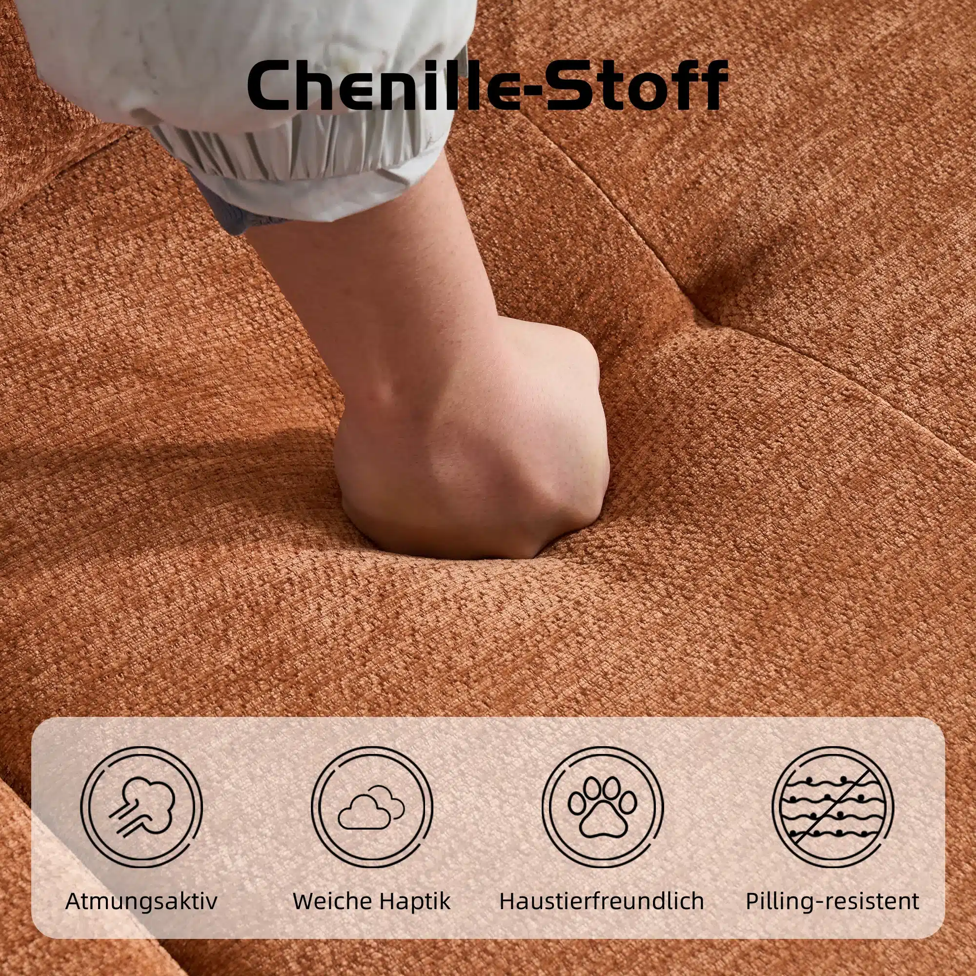 Beige chenille-kangast Stiilsed moodul diivanvoodi, millele on vajutatud käsi, demonstreerides pehmust ja kvaliteetset materjali hingamise ja vastupidavuse omadustega.
