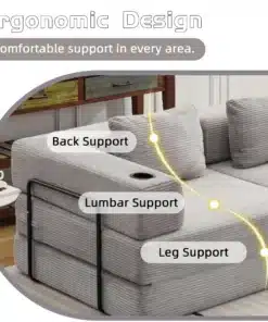 Hall kahe istekohaga lahtikäiv diivanvoodi, millel on ergonoomiline disain, pakkudes selja-, nimme- ja jalatuge. Taustaks on valge sein ja puidust kapp, laual tass ja taldrik.