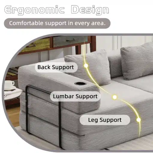 Hall kahe istekohaga lahtikäiv diivanvoodi, millel on ergonoomiline disain, pakkudes selja-, nimme- ja jalatuge. Taustaks on valge sein ja puidust kapp, laual tass ja taldrik.