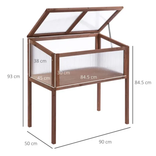 Kõrge aiakast polükarbonaadiga rõdule, pruun 90x50x93cm | E-pood Tootemaailm Kõrge aiakast polükarbonaadiga rõdule pruun 90x50x93cm, valmistatud pruunist puidust ja läbipaistvast polükarbonaadist, asub valgel taustal, näidates selgeid mõõtmeid.