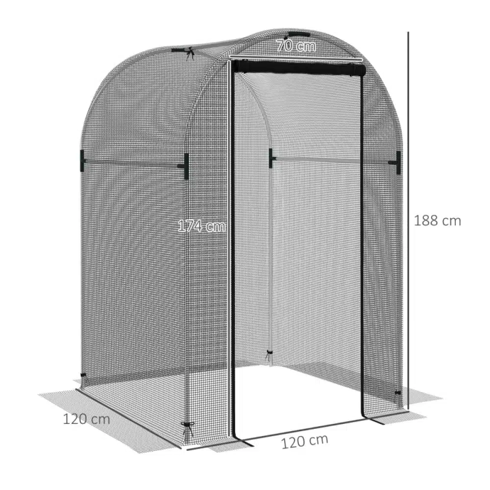 Hall taimede kaitsetelk, millel on lukuga suletav võrgust uks, mõõtudega 120x120x188 cm, seisab tasasel pinnal. Telk on mõeldud taimede kaitsmiseks kahjurite eest ja on suure kaarekujuga, pakkudes optimaalset kasvu ja kaitset.
