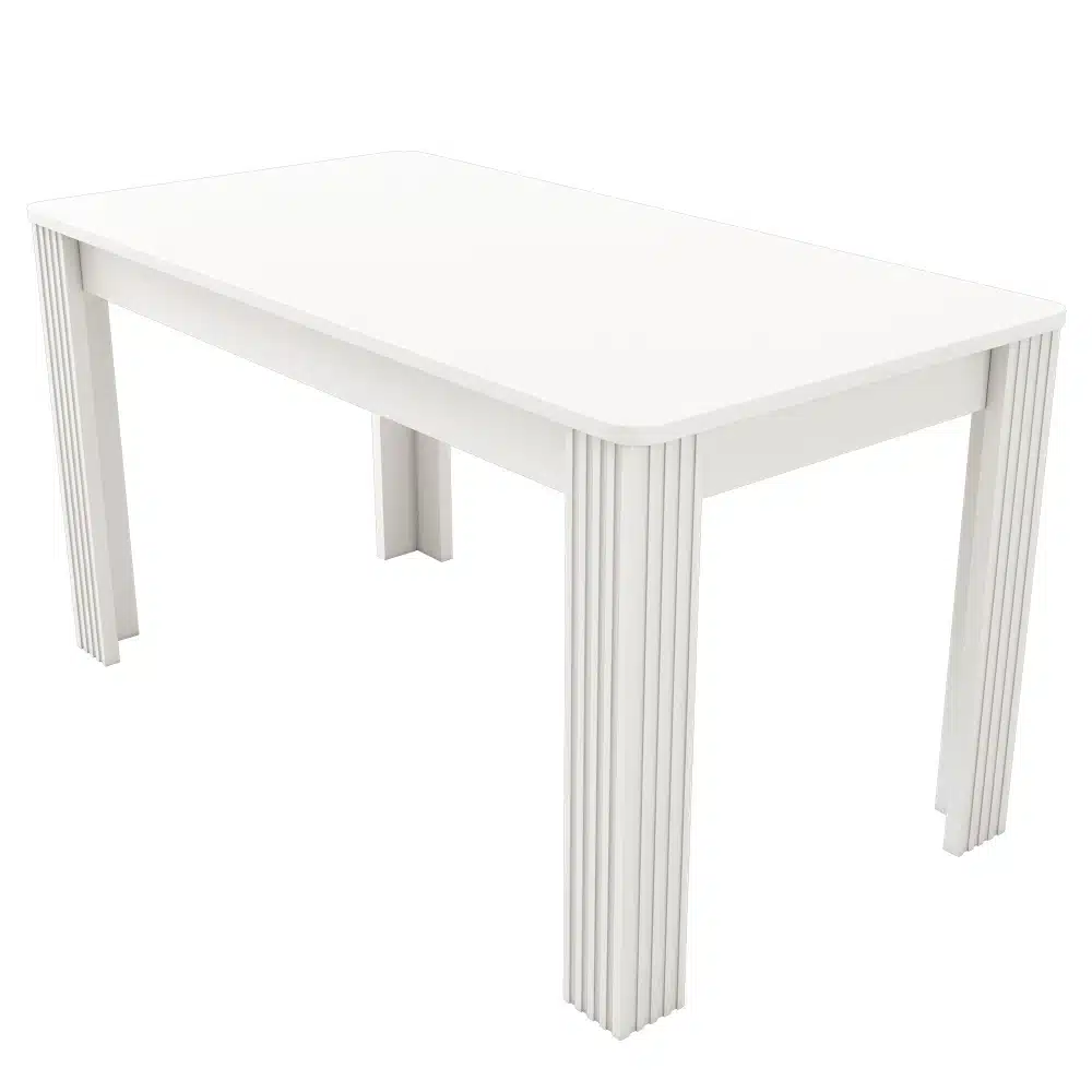 Valge tammepuust söögilaud, minimalistlik ja vastupidava disainiga, paistab valgel taustal.