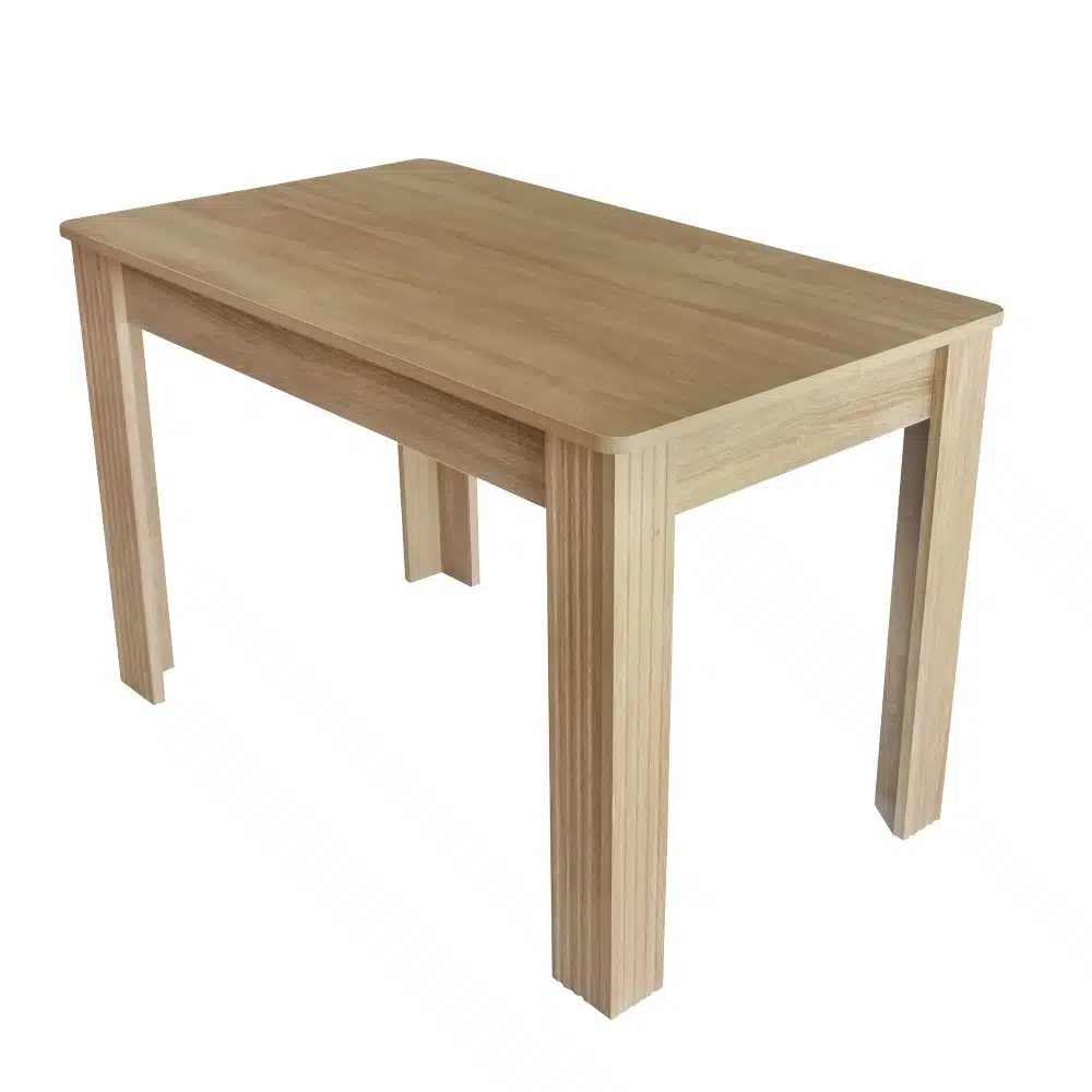 Tammepuust söögilaud, vastupidav ja lihtsa disainiga, hele puidutoonis ning nelja jalaga minimalistlik ilme valge taustal.