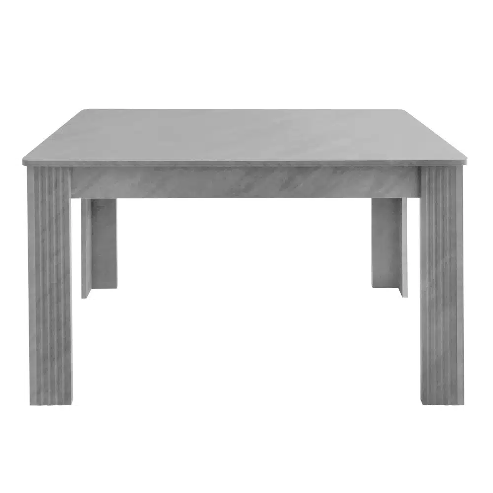 Söögilaud tammepuust, vastupidav ja lihtsa disainiga, halli värvi, puhta ja minimalistliku välimusega, taustal valge sein.