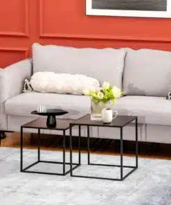 Diivanilaudade komplekt mustast terasest minimalistlikus stiilis, mis asuvad halli diivani ees modernses elutoas koos vaasi ja kruusiga.