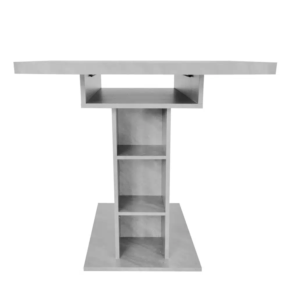 Minimalistlik hall, pikendatav söögilaud panipaigaga. Laud on valmistatud siledast puidust, näidates mitu riiulit aluse osas, sobib kaasaegsesse interjööri.