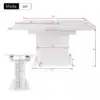 Valge söögilaud panipaigaga, mis on pikendatav ja ruumisäästlik, millel on mõõtmed ja osade kujutis must-valgel taustal.