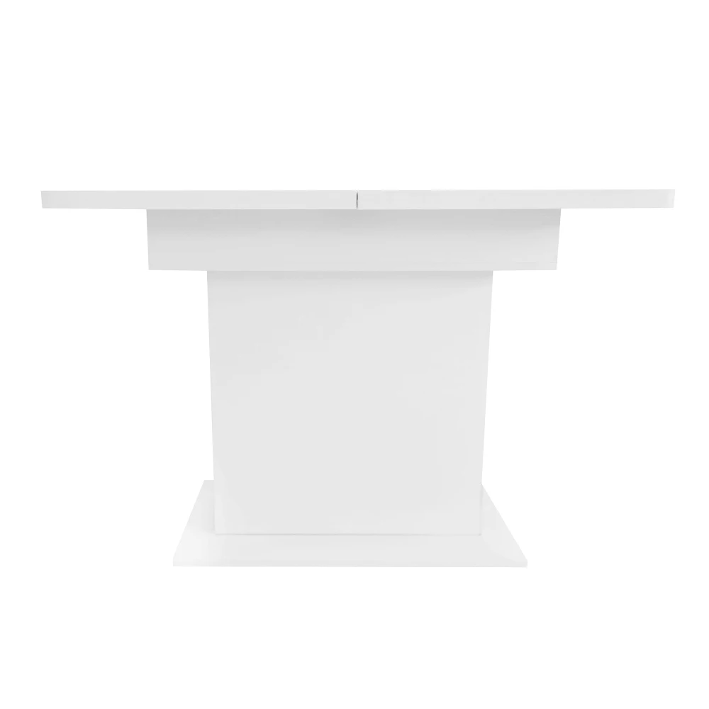 Valge pikendatav söögilaud, millel on minimalistlik disain ja peidetud panipaik, et säästa ruumi moodsas interjööris.