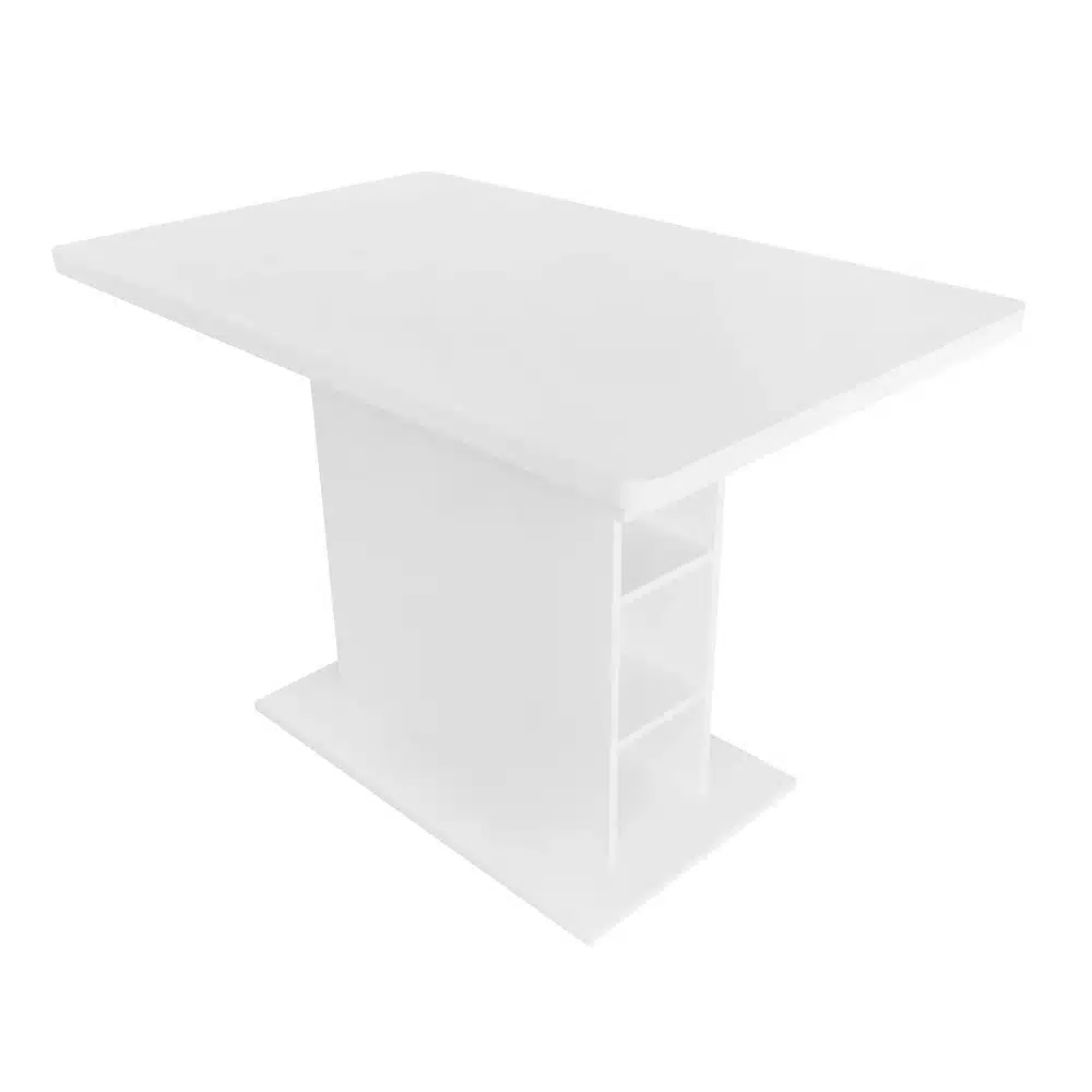 Valge söögilaud panipaigaga, pikendatav ja ruumisäästlik, minimalistliku disainiga valgel taustal.